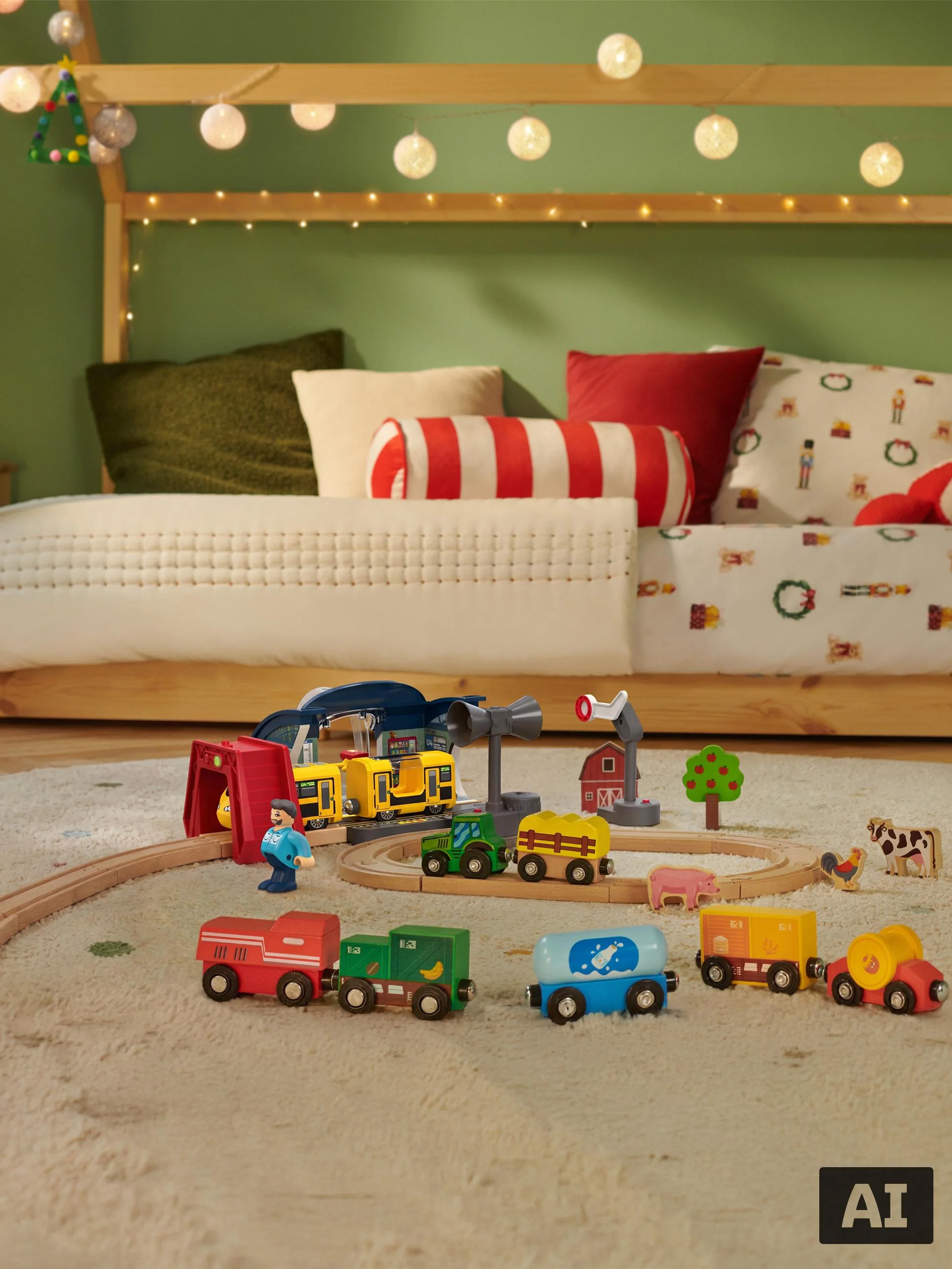 Train miniature en bois avec rails et accessoires dans une chambre d'enfant.