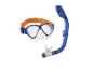 Masque de plongée bleu avec sangle orange et tuba.