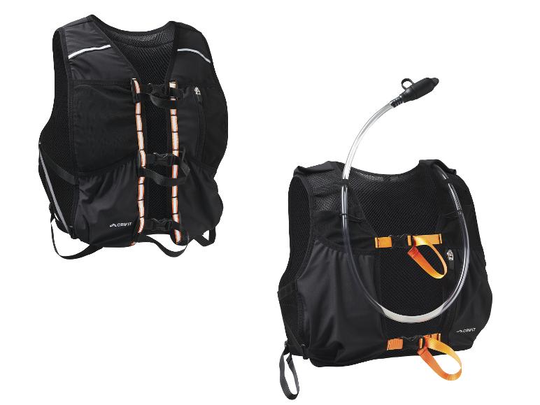 Deux gilets de course noirs avec système d'hydratation, vus de face et de dos.