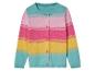 Un cardigan en tricot à rayures roses, jaunes et bleues avec des boutons.