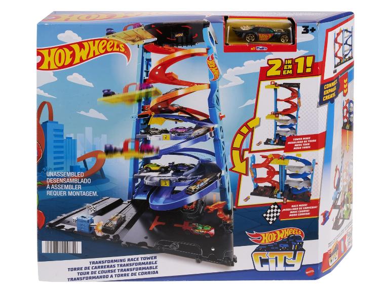 Pack Hot Wheels Transforming Race Tower avec voiture et piste.
