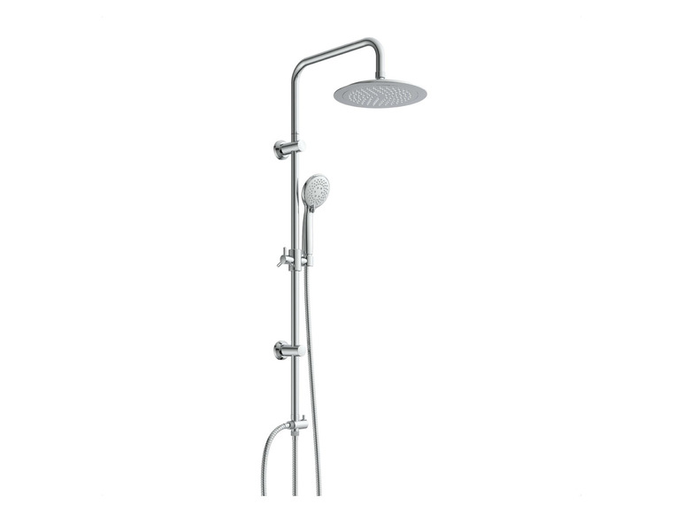 Un ensemble de douche chromé avec une grande pomme de douche de pluie et une douchette.