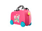 Une valise rose à roulettes avec Peppa Pig et un lapin