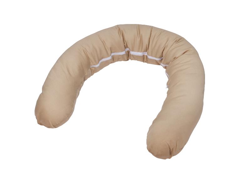 Coussin d'allaitement ou de soutien beige avec fermeture éclair blanche.