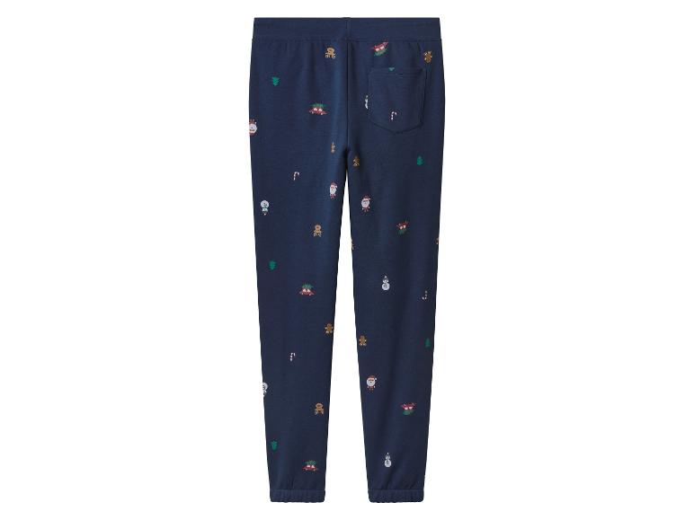 Pantalon de jogging bleu foncé avec des motifs de Noël comme le Père Noël, des bonhommes de neige et des bonshommes en pain d'épices.