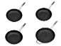 Quatre poêles à frire GSW Robusta noires avec des poignées métalliques, disposées sur fond noir.