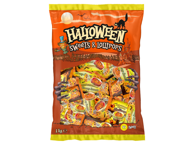 Sachet de bonbons et sucettes d'Halloween avec thème citrouille et chat noir.