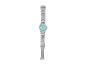 Une montre Auriol argentée avec un cadran turquoise.