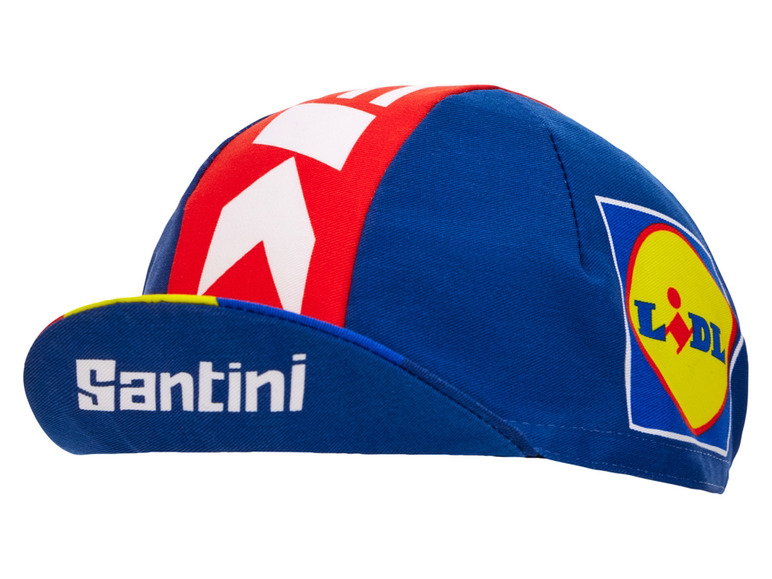 Une casquette de vélo bleue avec le logo Lidl et la marque Santini.