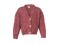 Cardigan rose en maille avec col en V et trois boutons clairs.