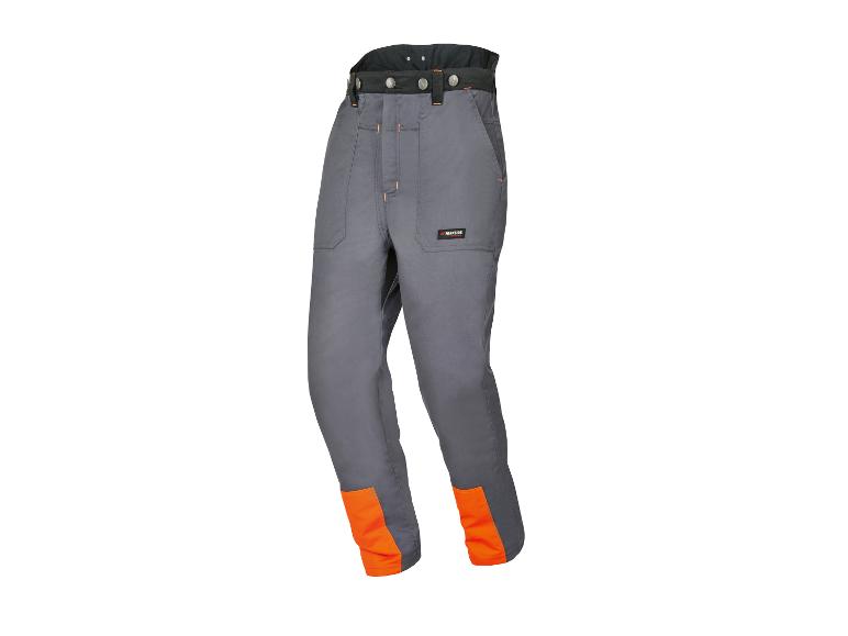 Pantalon de travail gris avec détails orange et ceinture noire.