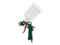 Un pistolet à peinture vert avec un pot de peinture blanc.