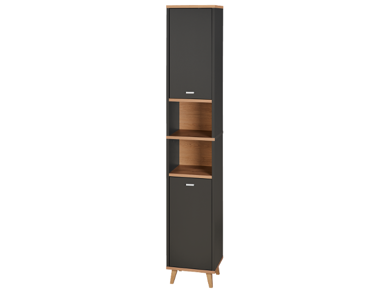 Armoire haute grise avec deux compartiments fermés et deux étagères en bois ouvertes, sur pieds en bois.