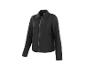 Blouson en cuir noir avec fermeture éclair et col, isolé sur fond blanc.