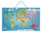 Carte du monde avec les continents, les animaux et les sites emblématiques de chaque région.