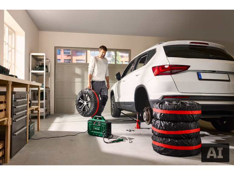 Homme changeant les pneus de voiture dans un garage avec un compresseur d'air portable et des housses de pneus.
