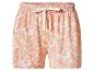 Shorts femme avec taille élastique, cordon de serrage et motif de feuilles tropicales couleur pêche.