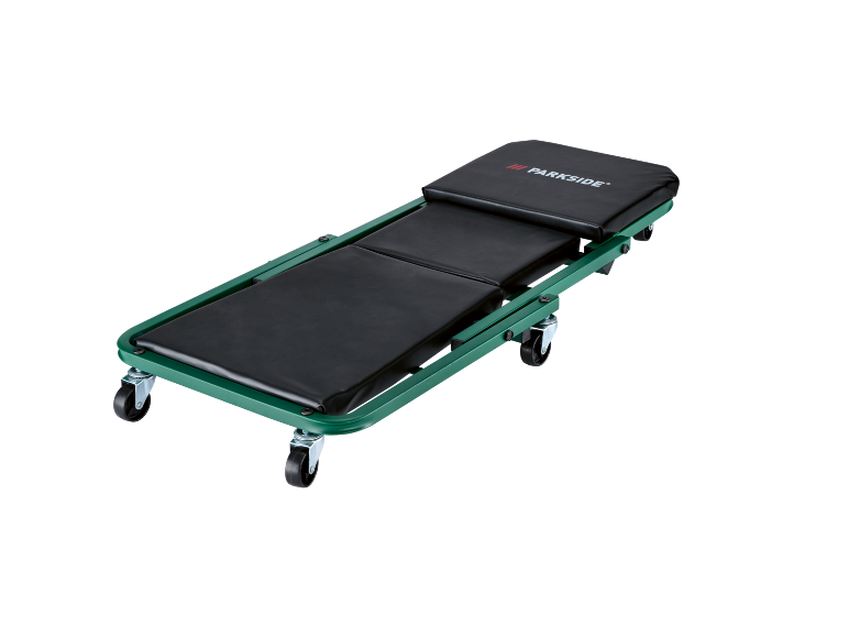 Chariot de mécanicien vert à roulettes avec rembourrage noir.