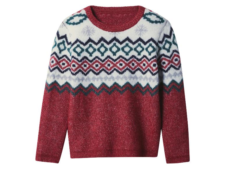Pull rouge à motif Fair Isle, avec des motifs géométriques blancs, bleus et rouges.