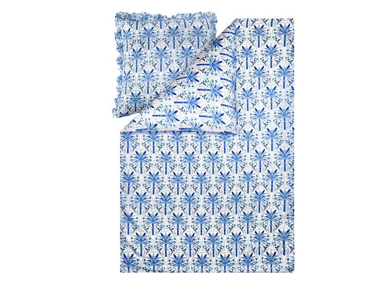 Parure de lit avec housse de couette et taie d'oreiller à motif palmiers bleus et oiseaux.