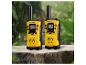 Deux talkie-walkies Bresser Junior jaunes sur une souche d'arbre.