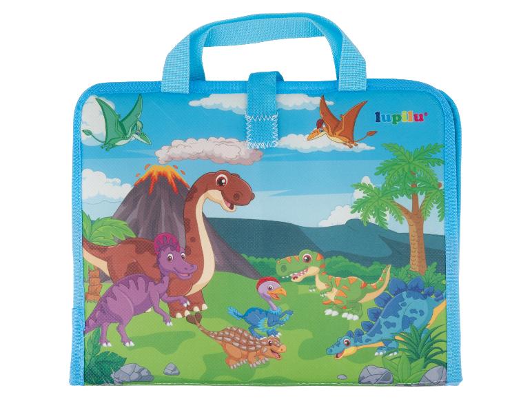 Sac bleu avec poignée et dessin de dinosaures dans un paysage préhistorique.