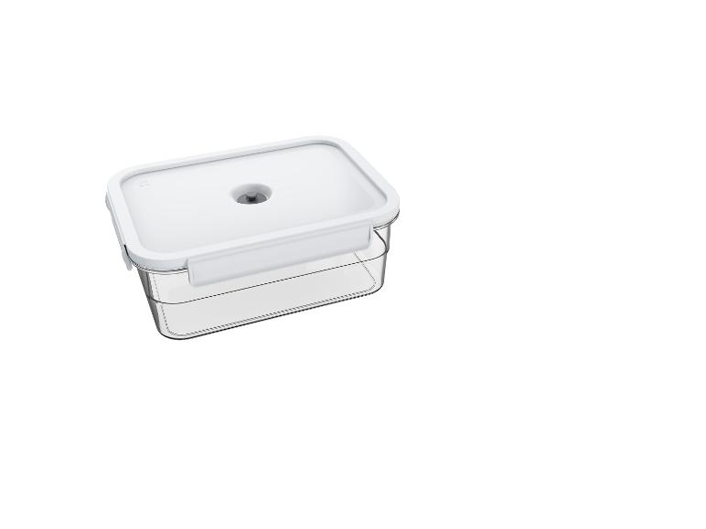 Récipient en plastique transparent avec couvercle blanc et valve à vide