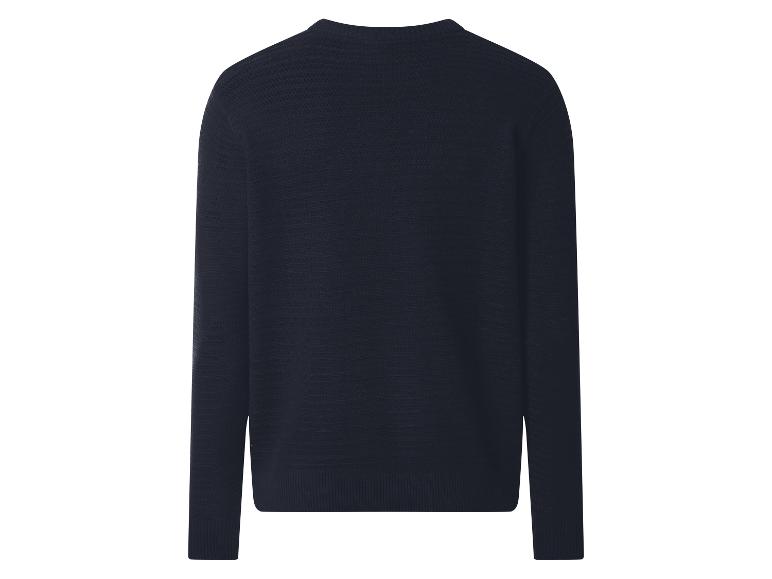 Pull tricoté bleu foncé pour homme avec motif texturé, vue de dos.