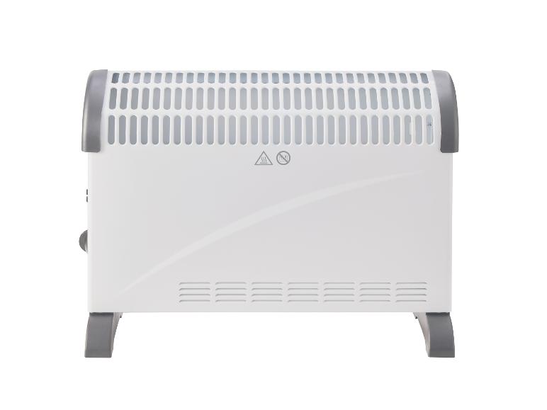 Radiateur convecteur électrique blanc avec accents gris et symboles d'avertissement