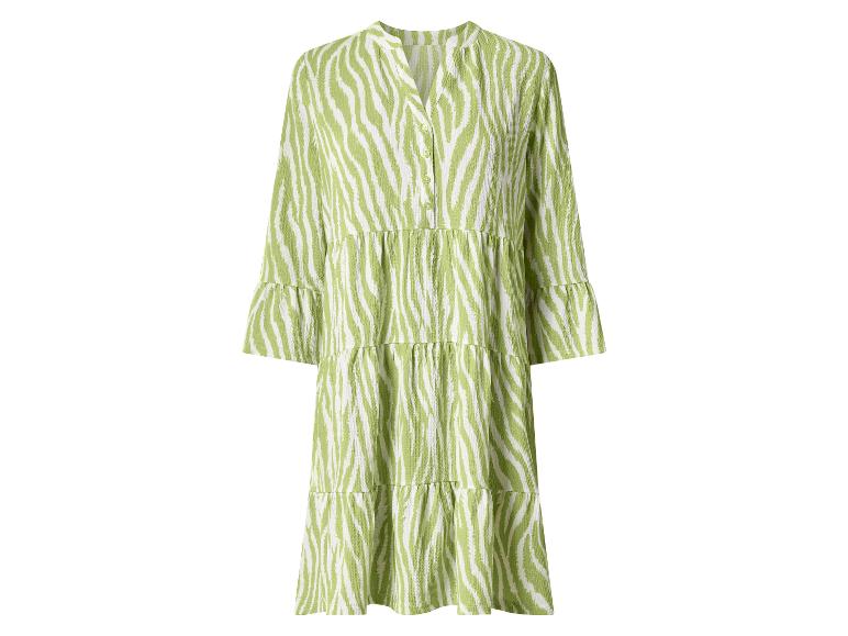 Robe midi femme imprimé zèbre vert et blanc, manches 3/4 et col chemise.