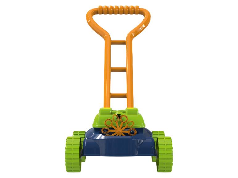 Tondeuse à gazon jouet avec poignée orange, corps vert et base bleue