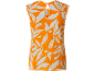 Haut orange sans manches avec imprimé feuilles blanches et col en V.
