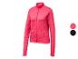 Veste de sport fuchsia pour femme avec fermeture éclair et col montant, disponible en fuchsia et noir.