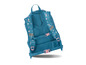 Un sac à dos bleu avec des points roses et un panneau arrière en maille.