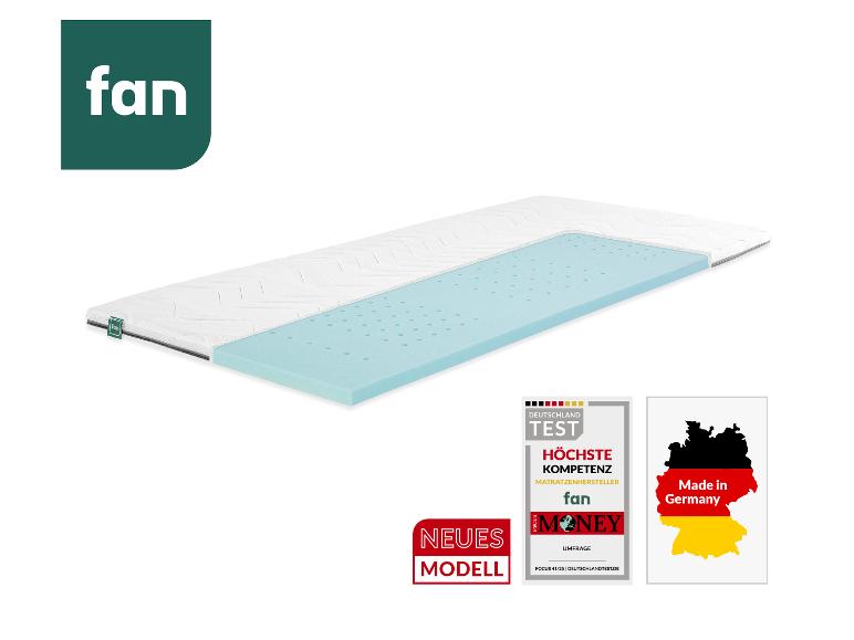 Matelas avec couche de mousse bleue, étiquettes 'Made in Germany' et 'Neues Modell'.