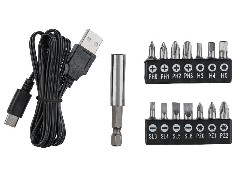 Câble USB-A vers USB-C, porte-embouts magnétique et deux jeux d'embouts de tournevis (Phillips, Hex, plats, Pozi).