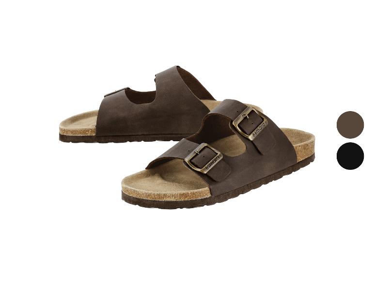 Paire de sandales marron à double bride avec semelles en liège, présentées avec des échantillons de couleur.