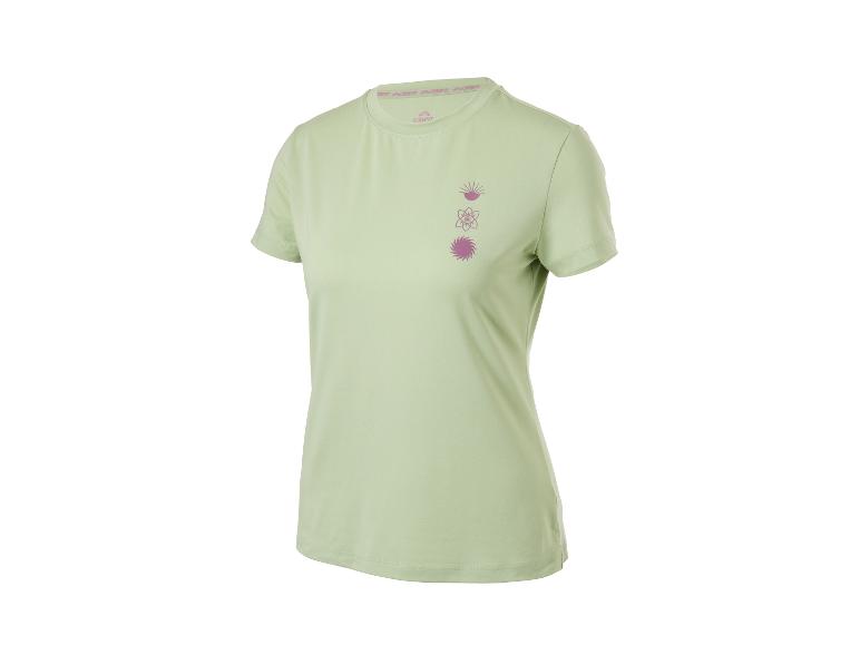 T-shirt de sport femme CRIVIT vert clair à manches courtes avec symboles violets.