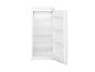Réfrigérateur blanc ouvert avec étagères transparentes et compartiments de porte.
