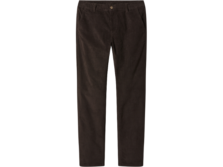 Pantalon en velours côtelé marron foncé avec taille élastique et fermeture boutonnée.