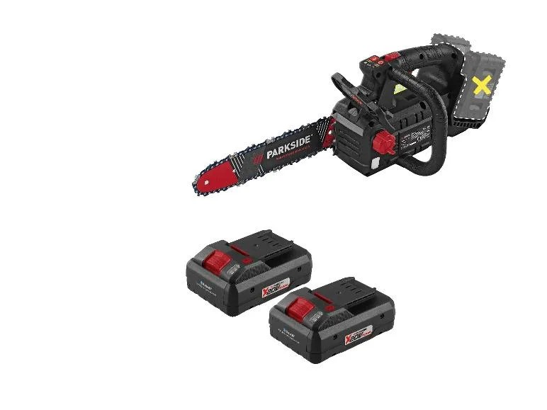 Tronçonneuse Parkside sans fil avec deux batteries.