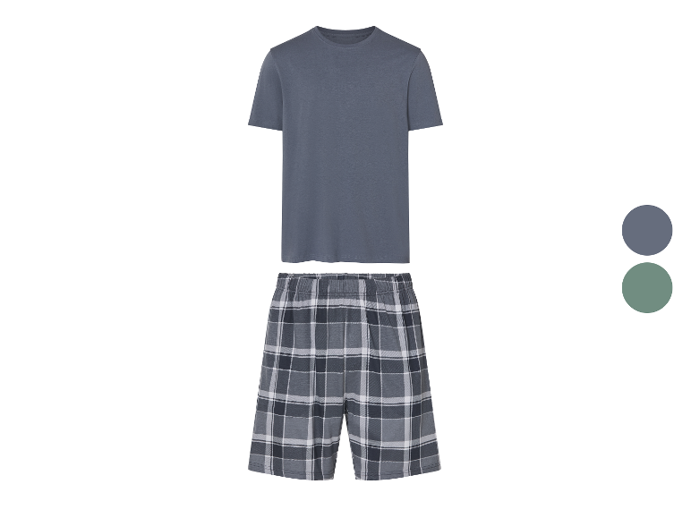 Un t-shirt bleu marine et un short gris à carreaux.
