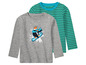 Deux t-shirts à manches longues, un gris avec un pingouin faisant du snowboard et un bleu à rayures.