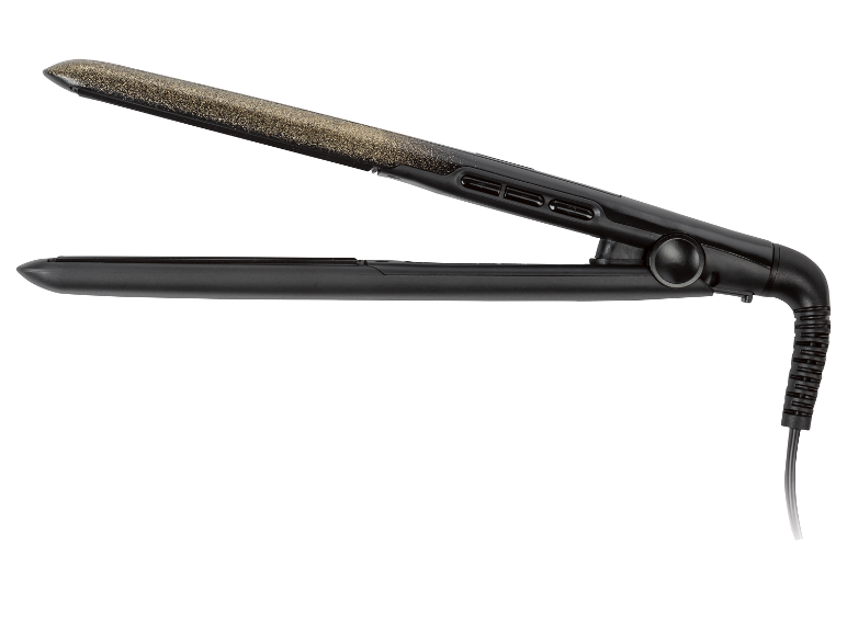 Fer à lisser avec un design pailleté doré.