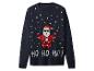 Pull de Noël bleu foncé avec le Père Noël à moto et le texte « HO HO HO ! »