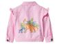 Veste en jean rose pour enfant avec imprimé dinosaures et feuilles tropicales au dos.