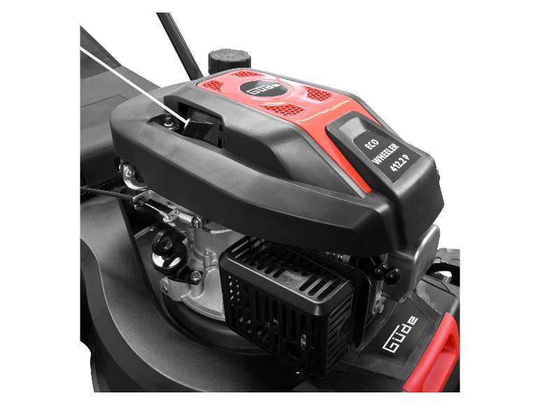 Une tondeuse à gazon Guide Eco Wheeler 412.2 P rouge.