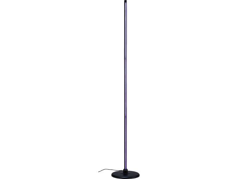 Un lampadaire haut et élancé avec une bande lumineuse violette sur une base noire.