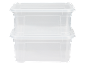 Deux boîtes de rangement transparentes en plastique avec couvercles, empilées.