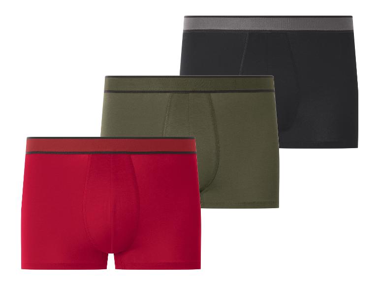 Trois boxers pour hommes en rouge, vert olive et noir avec des ceintures élastiques